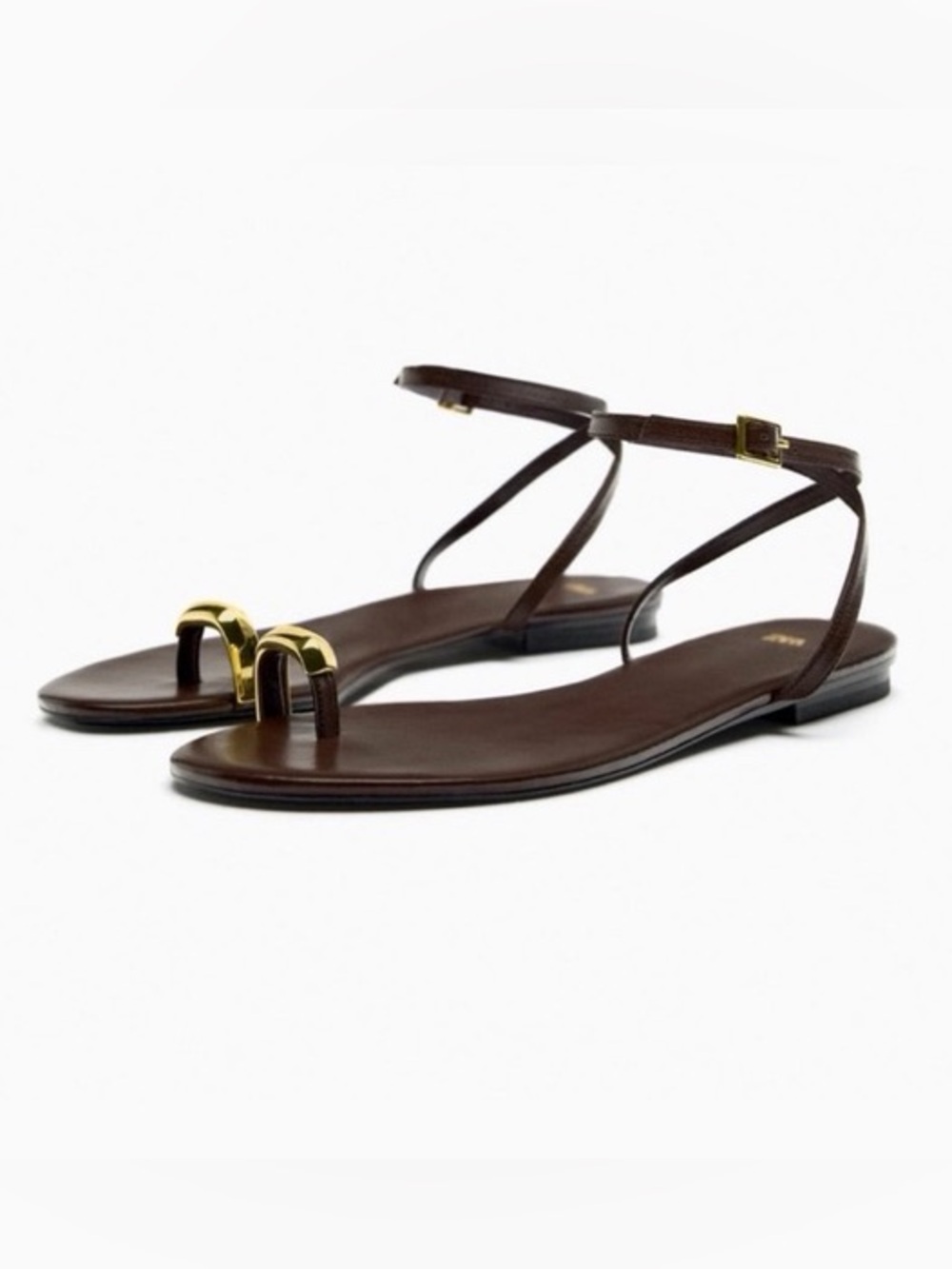 Zara Metallic Detail Leather Sandals – Brown | Size 10 (41)